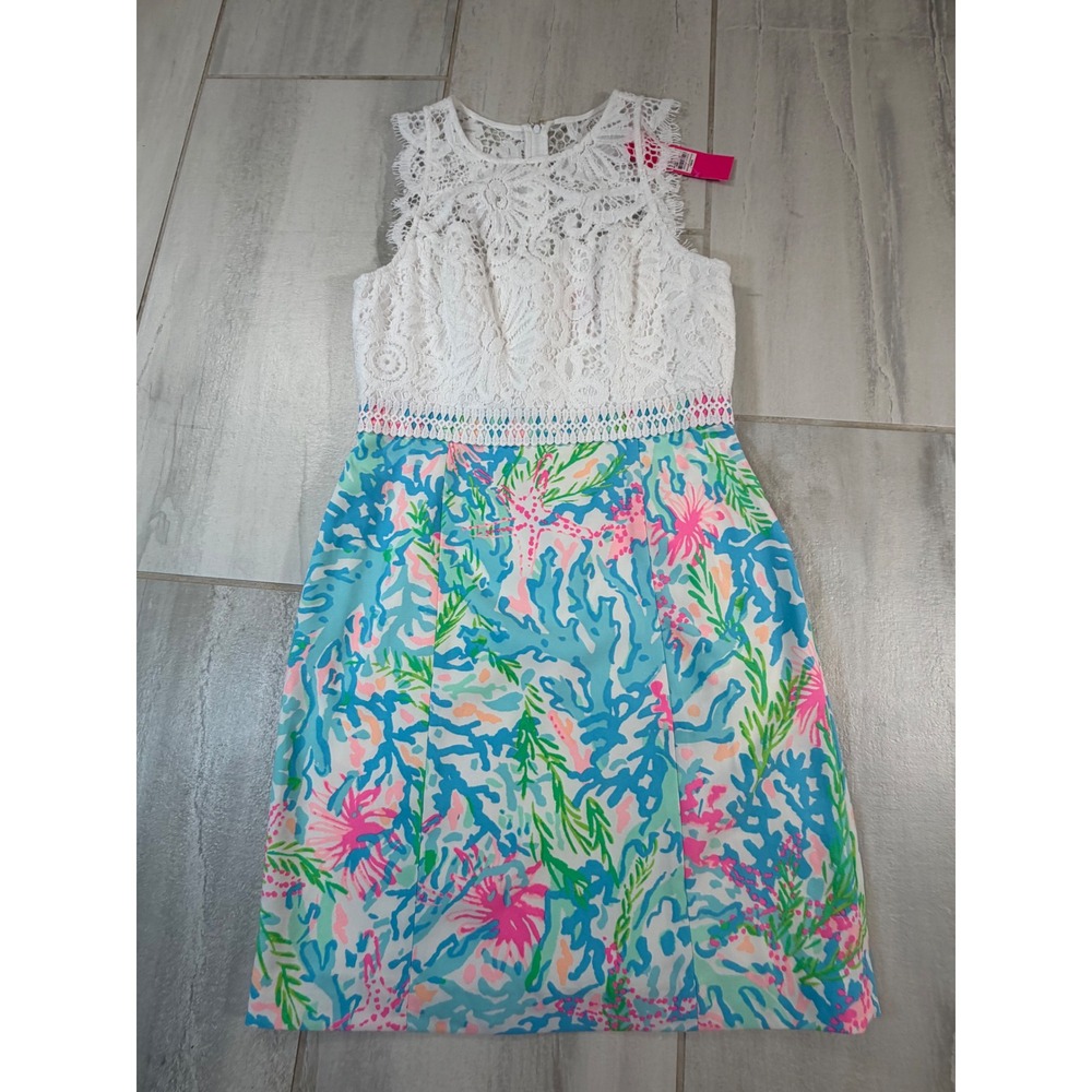 Lilly Pulitzer Sharice Stretch Shift Dress Coral Bay Multi Lace White Blue 6